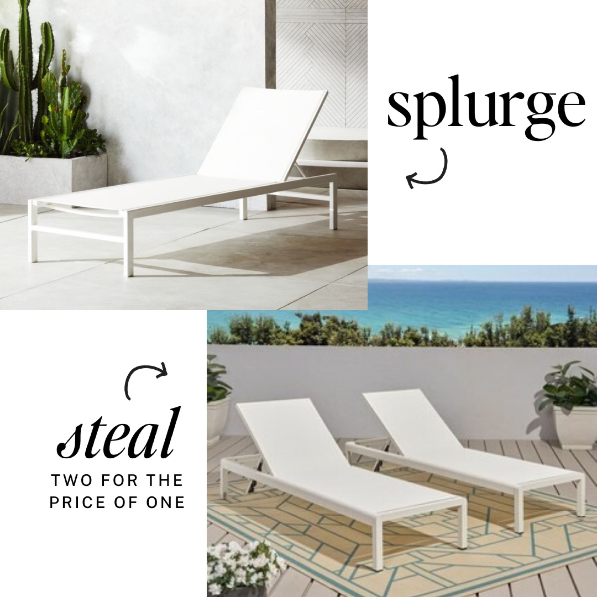 Splurge or steal? Spring outdoor patio Inspo. 

The splurge is a gorgeous all white lounge chair /chaise from CB2. It's $399 for one. 

The steal is a set of 2 from Amazon. Not exact but pretty close to the same vibe. 

Which would you choose?

Spring patio, porch decor, pool life, poolside living, outdoor spaces, outdoor furniture, patio sets, all white patio, all white decor, modern patio, minimalist patio. 

#LTKSeasonal #LTKstyletip #LTKhome