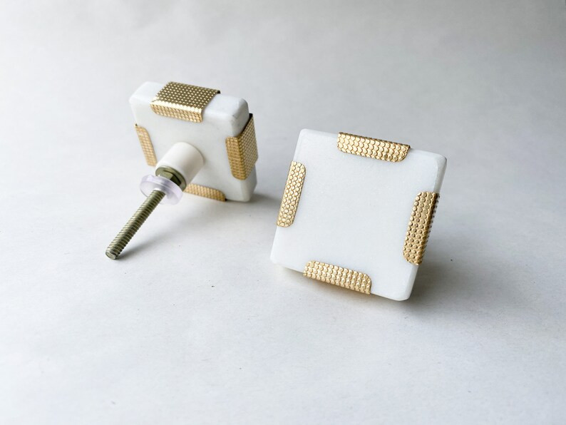 White Marble Stone & Gold Square Drawer Pull Knobs Cabinet DIY | Etsy (US)