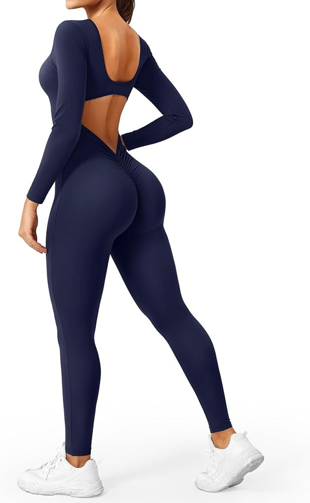 YEOREO Long Sleeve Jumpsuits for Women V Back Bodysuit Workout Full Length Bodycon Scrunch Leggin... | Amazon (US)