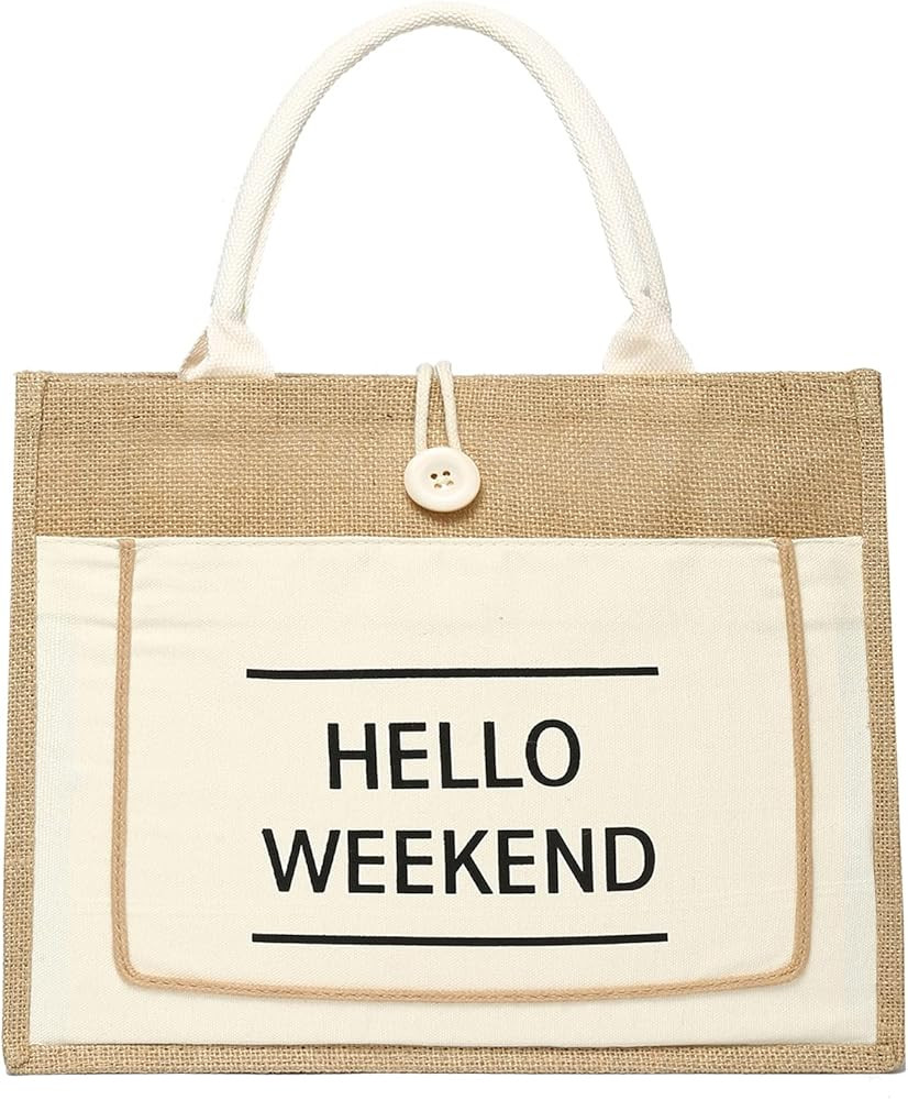 Jute Beach Tote for Women, Reusable Grocery Shopping Bag with Handle. | Amazon (US)