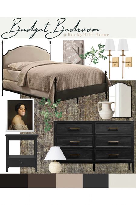 Budget bedroom design, black nightstands, Studio McGee decor, loloi rug, brass plugin wall sconces, affordable four poster bed

#LTKstyletip #LTKhome