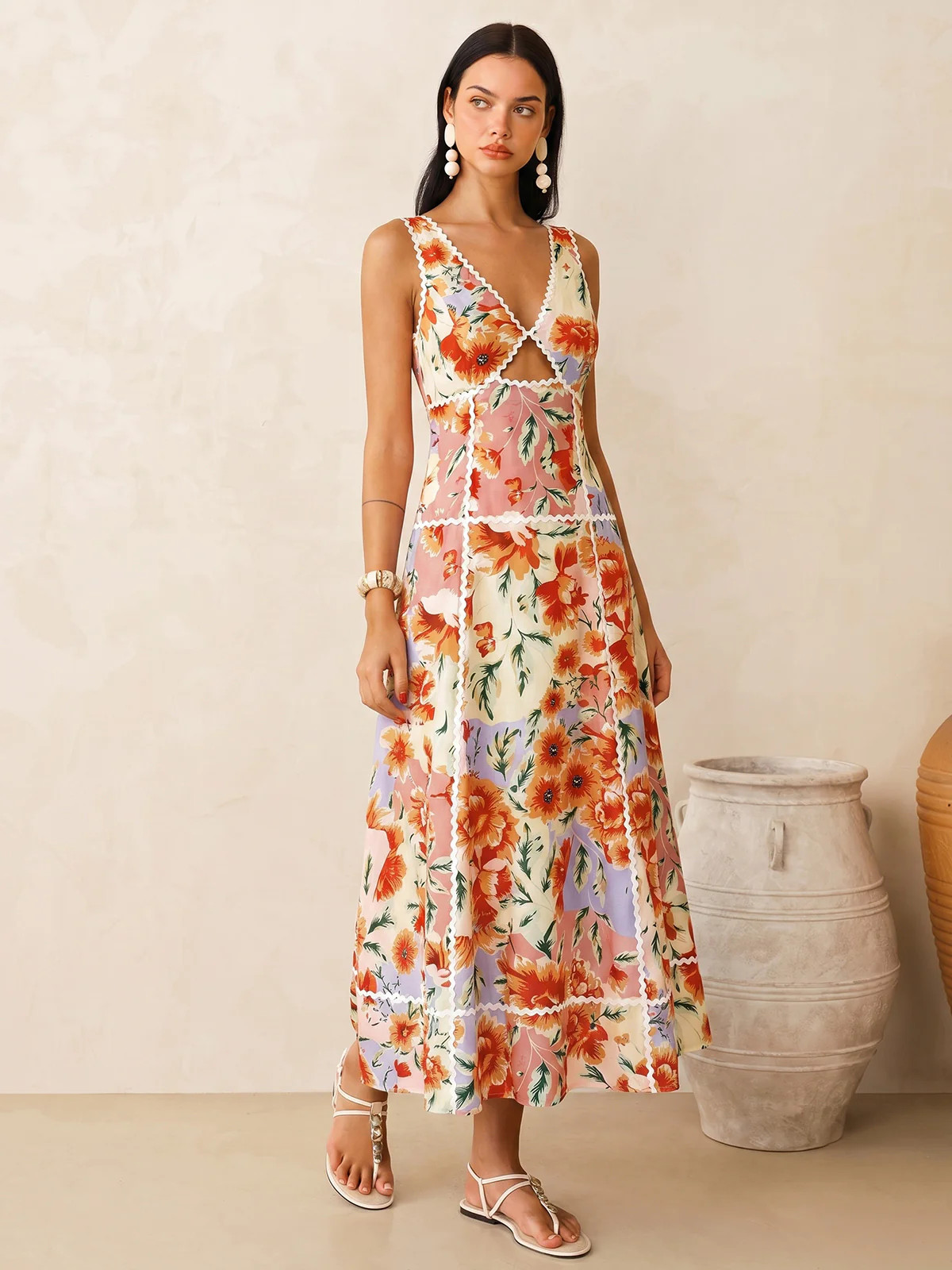 Sleeveless Floral Print Backless Maxi Dress | Commense