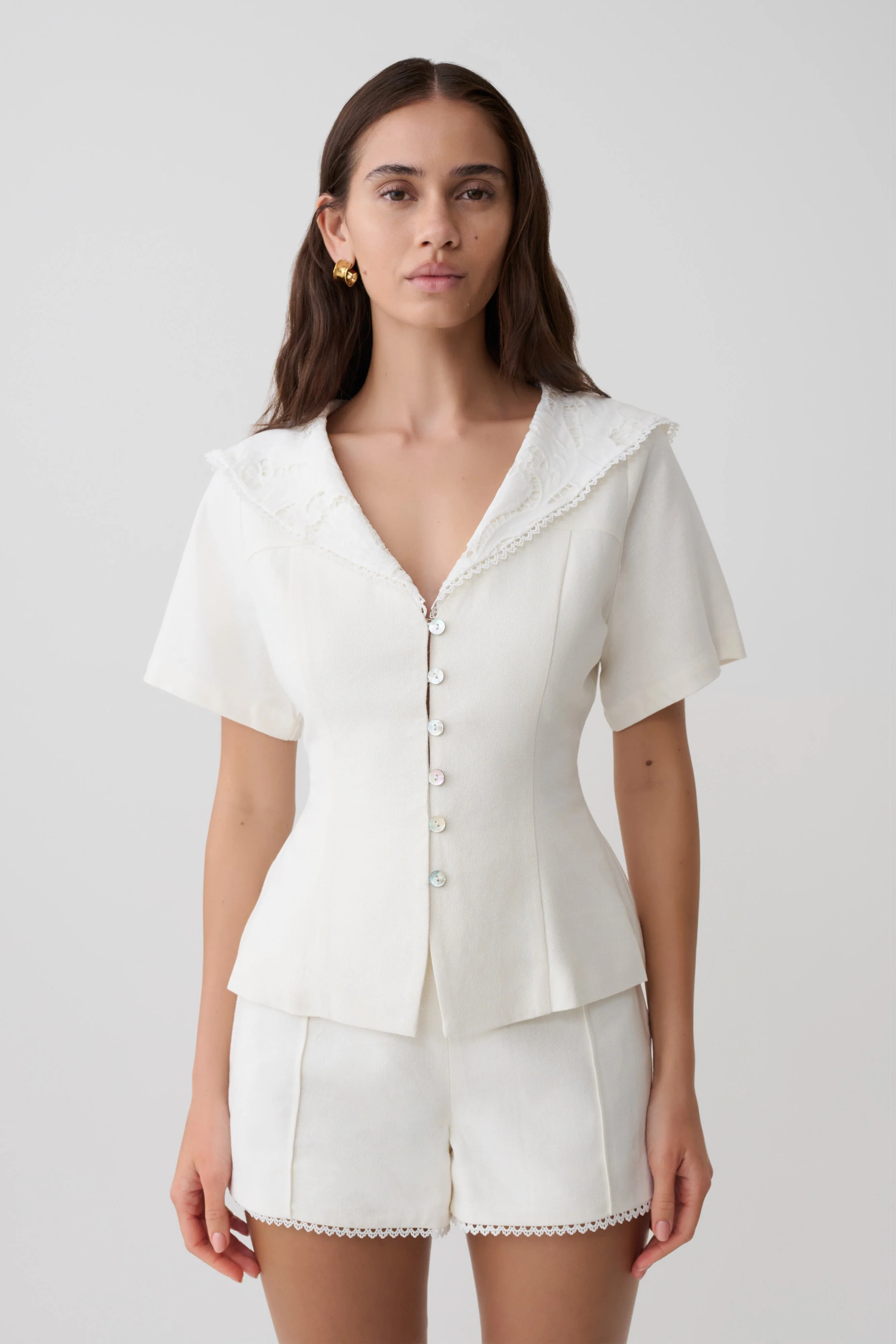 Melody Short Sleeve Shirt With Lace Collar - White | Meshki UK