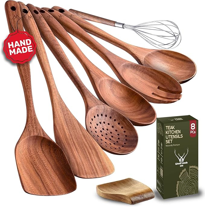 8 Pcs Teak Wooden Utensil Set with Rest – Premium Wooden Cooking Utensils Set, Natural Kitchen ... | Amazon (US)