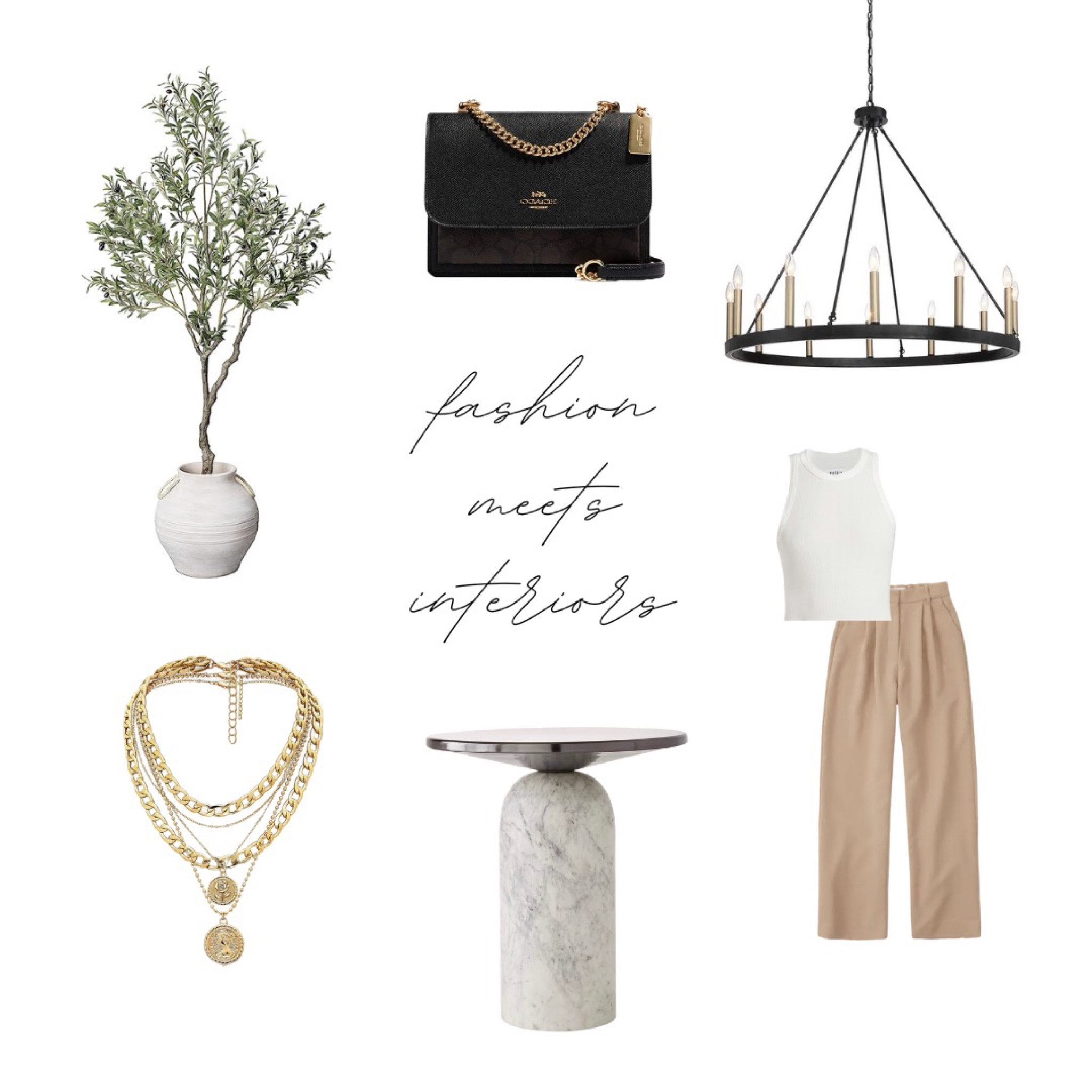 This Month's #FashionMeetsInteriors portrays a Stunning Fusion of Chic and Modern Vibes, exuding a breathtaking fusion of elegance and modernity.  ✨ 

Whether it's the stunning five-layer gold necklace adorning your neckline or the statement CB2 marble side table, embrace the fusion of chic and modern vibes with our exquisite collection. The wagon wheel chandelier adds vintage sophistication, while the stunning olive tree creates a refreshing and calming atmosphere. The Abercrombie tailored pants and white H&M bodysuit embrace the captivating allure of neutral tones, which never fail to create an ambiance of timeless class in your home and fashion choices. 

#LTKFind #LTKstyletip #LTKhome