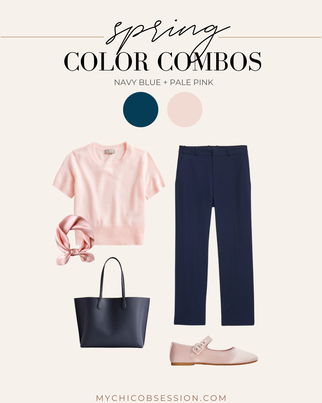 Add contrast to your light pink pieces with navy blue. Pair a light pink short-sleeved sweater with a navy tote bag, navy crop pants, and pink ballet flats. Add a light pink scarf to finish the look.

#LTKWorkwear #LTKShoeCrush #LTKSeasonal