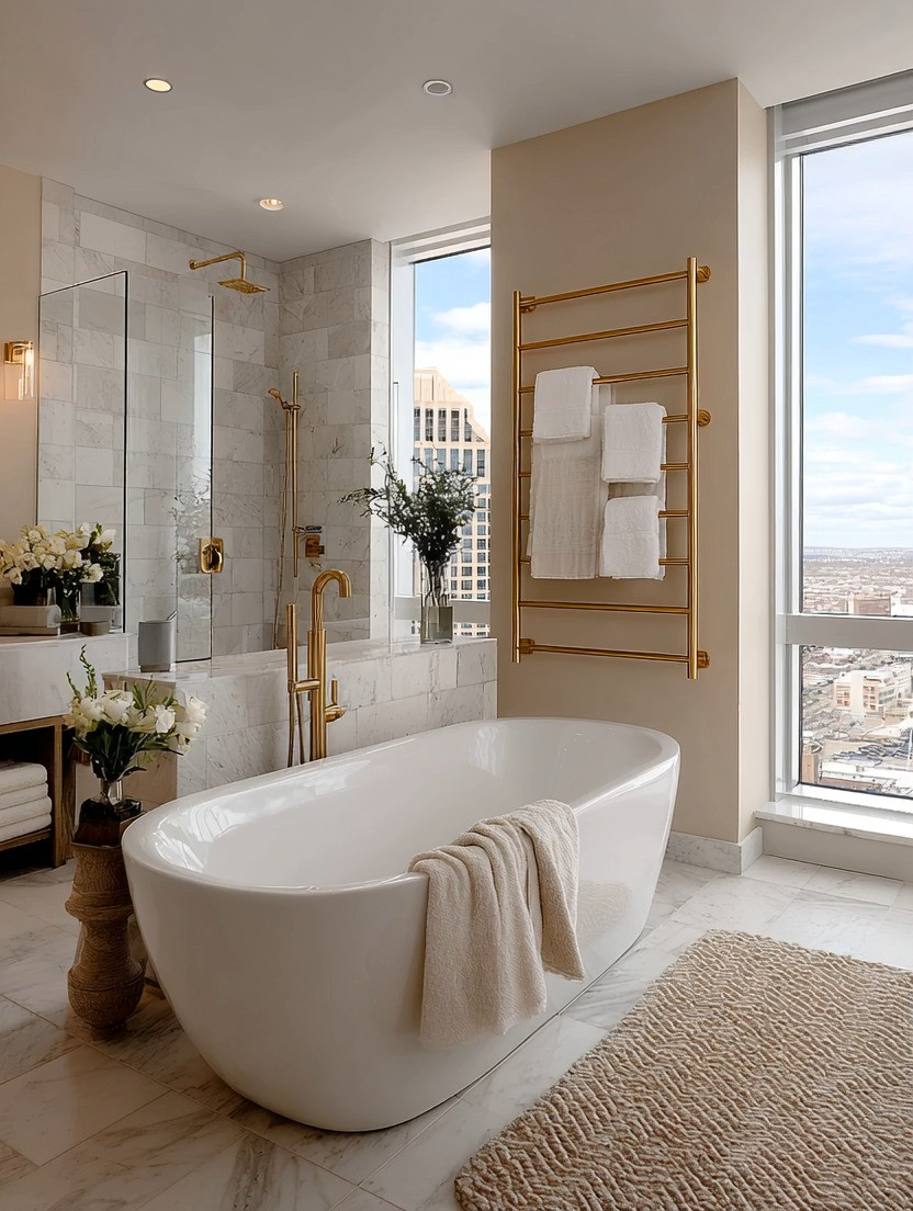 Bathroom with a view — inside and out.

The outside view depends on your location.
The inside view? Completely in your control.

A brushed gold towel warmer paired with matching brushed gold shower fixtures and faucet instantly transforms the space. This is the power of coordination. When metals match, the room feels intentional, elevated, quietly luxurious.

Bathroom renovations don’t have to be complicated. Sometimes it’s just a few refined upgrades:
• A gold towel rack
• Matching gold shower hardware
• Coordinated faucet finishes

That’s it. Cohesion creates elegance.

Small changes. Major impact. Timeless result.

#BathroomUpgrade #GoldFixtures #ModernBathroom #ElegantInteriors 

 #LTKHome