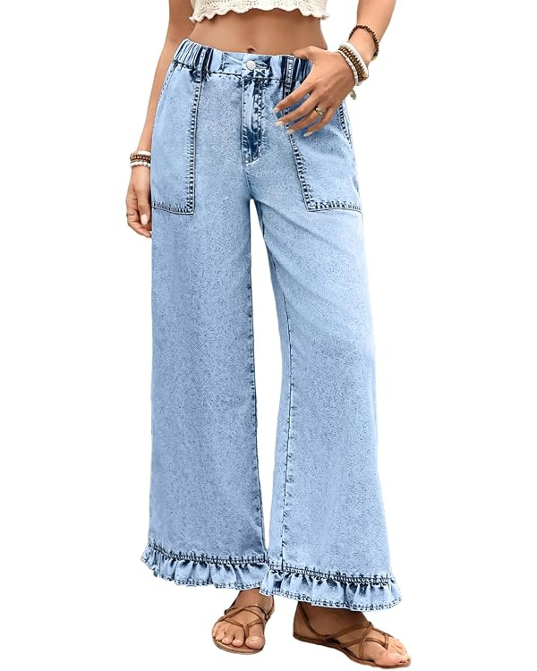Astylish Wide Leg Jeans for Women Stretch High Wasited Baggy Trendy Denim Jean Ruffle Hem Pants | Amazon (CA)