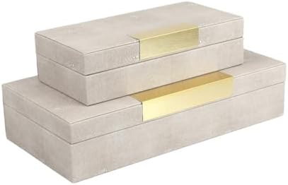 BRANDLOUIE Decorative Boxes 2 Pc. Set, Shagreen Faux Leather Ivory Gold Accents, for Jewelry, Cos... | Amazon (US)