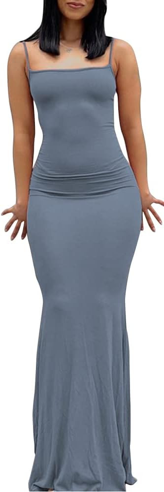 Woxlica Women's Casual Lounge Slip Long Dress Sleeveless Bodycon Maxi Dresses Solid Color | Amazon (US)