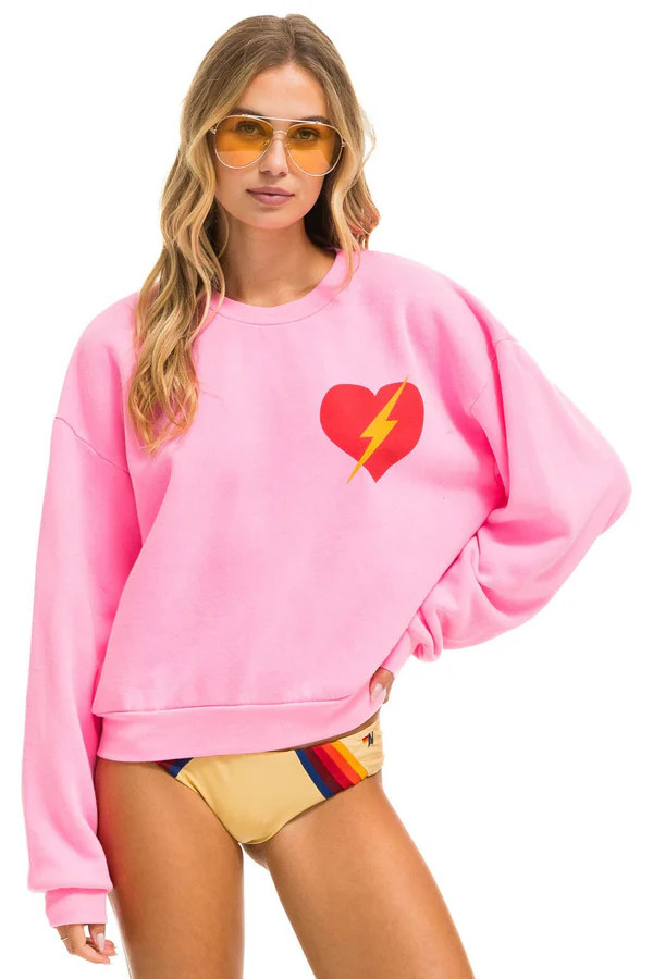 BOLT HEART RELAXED CREW SWEATSHIRT - NEON PINK | Aviator Nation