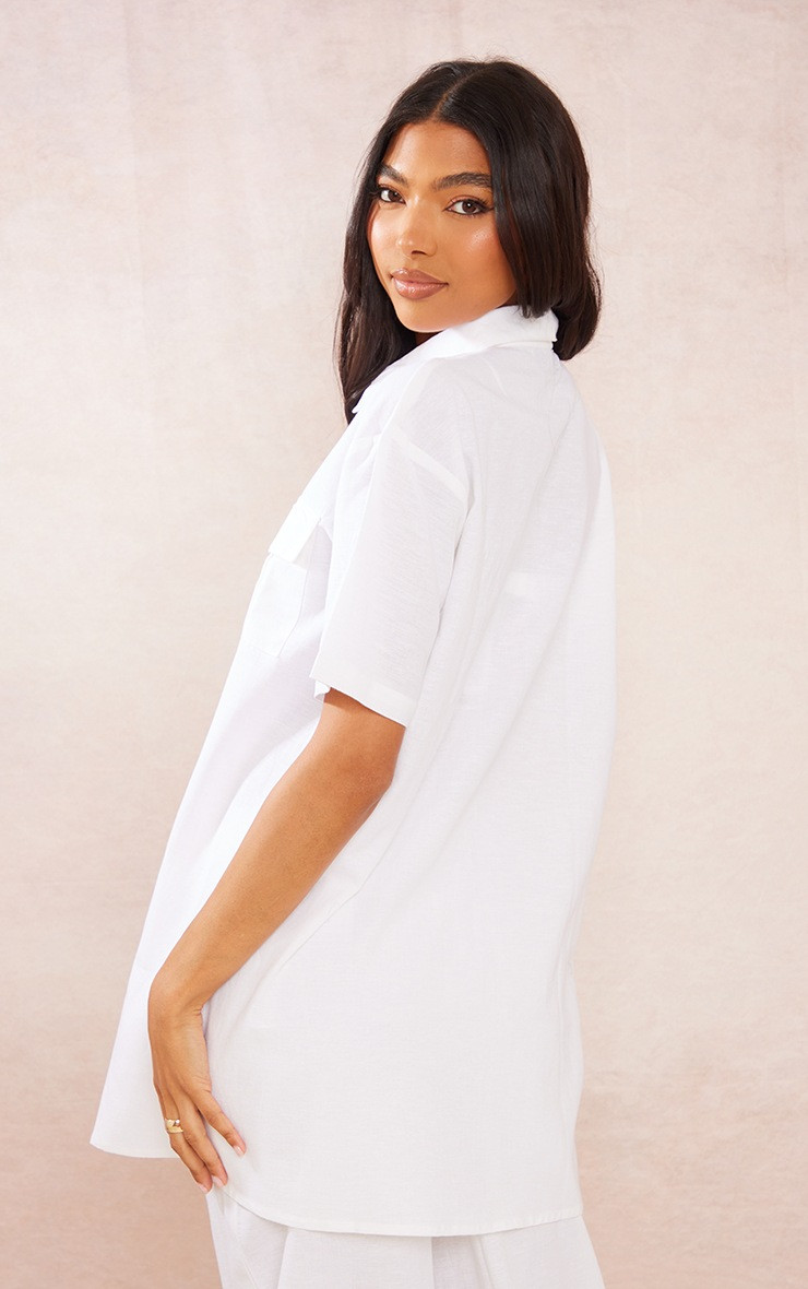 Tall White Linen Look Pocket Front Short Sleeve Oversized Shirt | PrettyLittleThing US