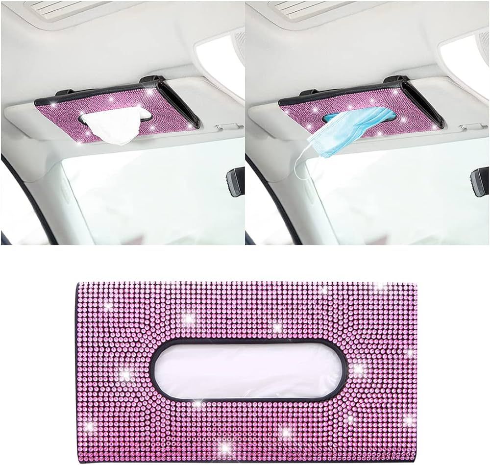 Bling Car Sun Visor Tissue Box Holder, Rhinestone PU Leather Crystal Sparkling Napkin Holder, Bac... | Amazon (US)
