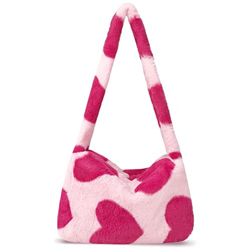 Fuzzy Tote Bag Y2K Fluffy Shoulder Bag Women Furry Purse Large Cute Plush Bag Ladies Faux Fur Bag for Autumn and Winter (Fushia Heart) | Amazon (US)