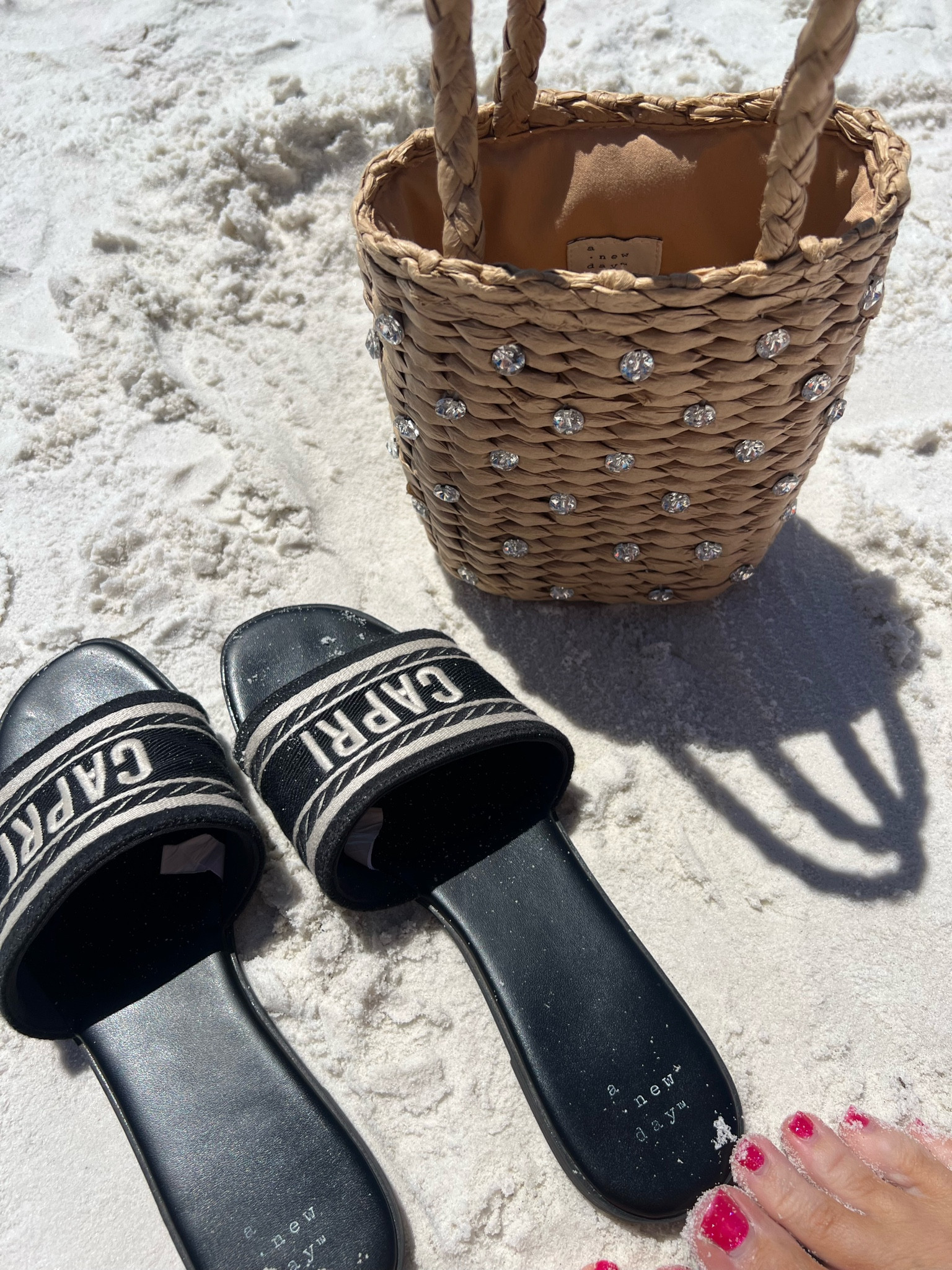 Summer vacation sandals from Target and micro bejeweled beach tote. Loving this small spring bag! I’m determined to use it all summer. Would be fun to wear as a  wedding guest or on a honeymoon. It’s small! Fits my wallet, phone, sunglasses, keys & lipgloss. 
.
.
.
.
.
Spring outfits 
Beach outfits 
Vacation 
Travel 
Slides 


#LTKshoecrush #LTKwedding #LTKswim