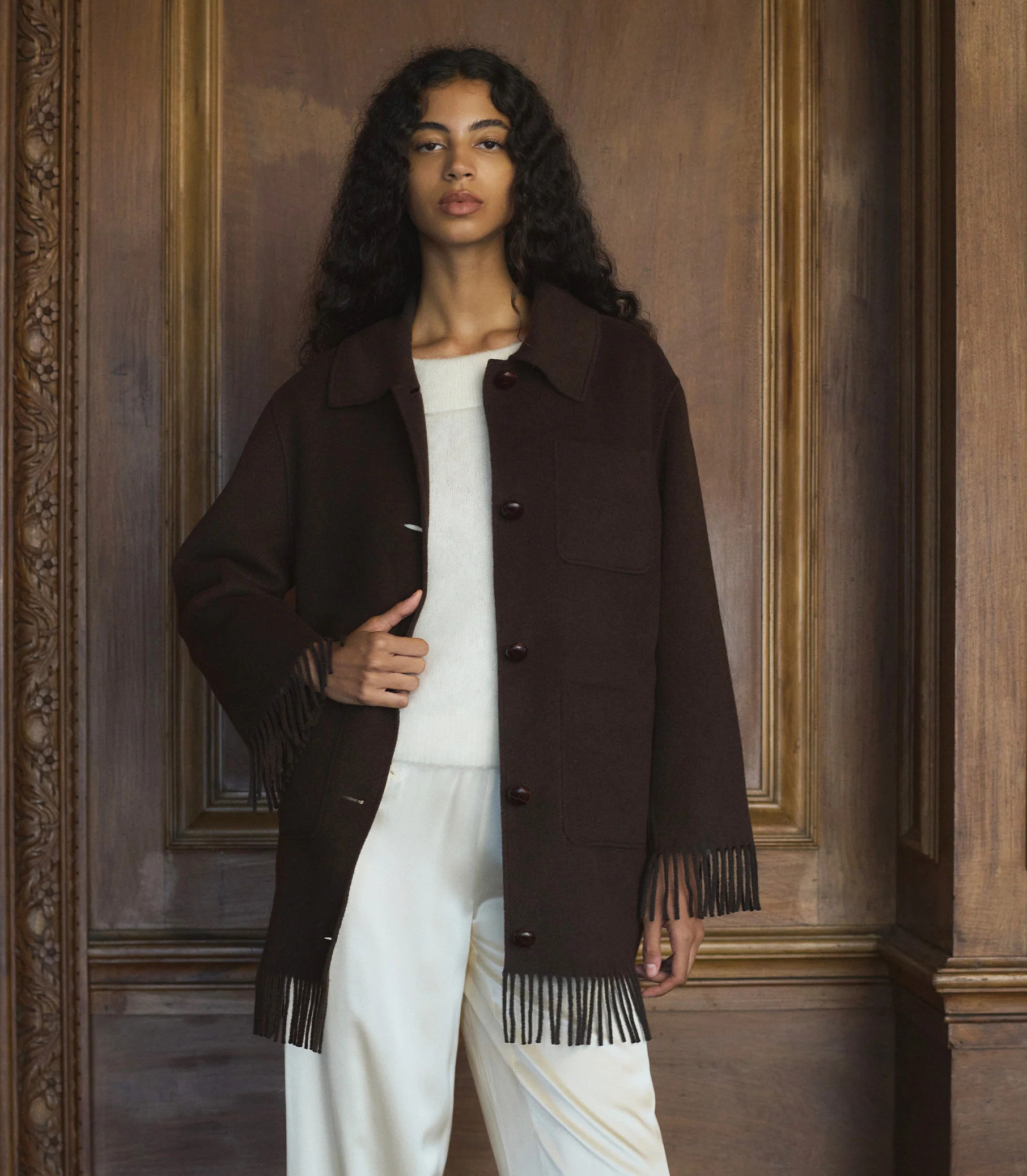 Germain Fringe Coat - Bitter Chocolate | DÔEN | DOEN