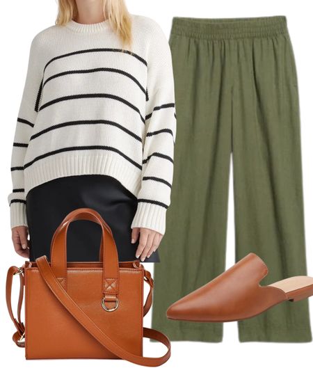 Olive green linen wide-leg pants (on sale 50% off right now)
Styled with a striped sweater and slip-on mules.
Spring outfits for cold weatherr

#LTKstyletip #LTKfindsunder50 #LTKsalealert