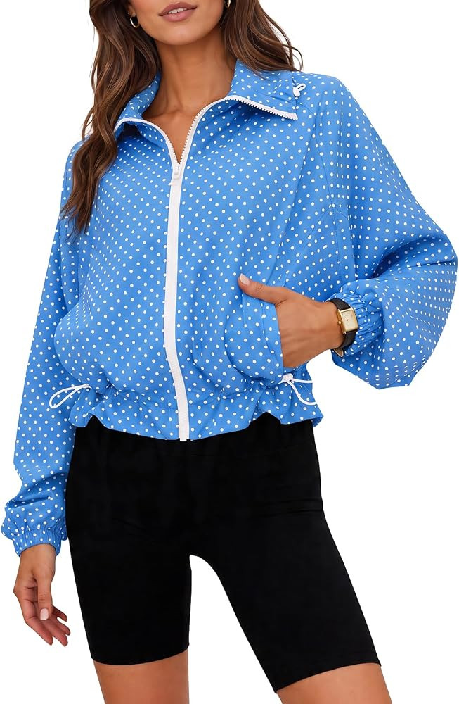 Fisoew Womens Polka Dot Cropped Jackets Zip Up Oversized Casual Fall Coats | Amazon (US)
