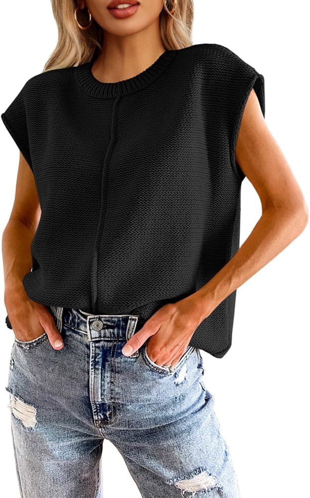 Saodimallsu Womens Summer Cap Sleeve Tops Casual Crew Neck Loose Fit Knit Lightweight Sweater Pul... | Amazon (US)