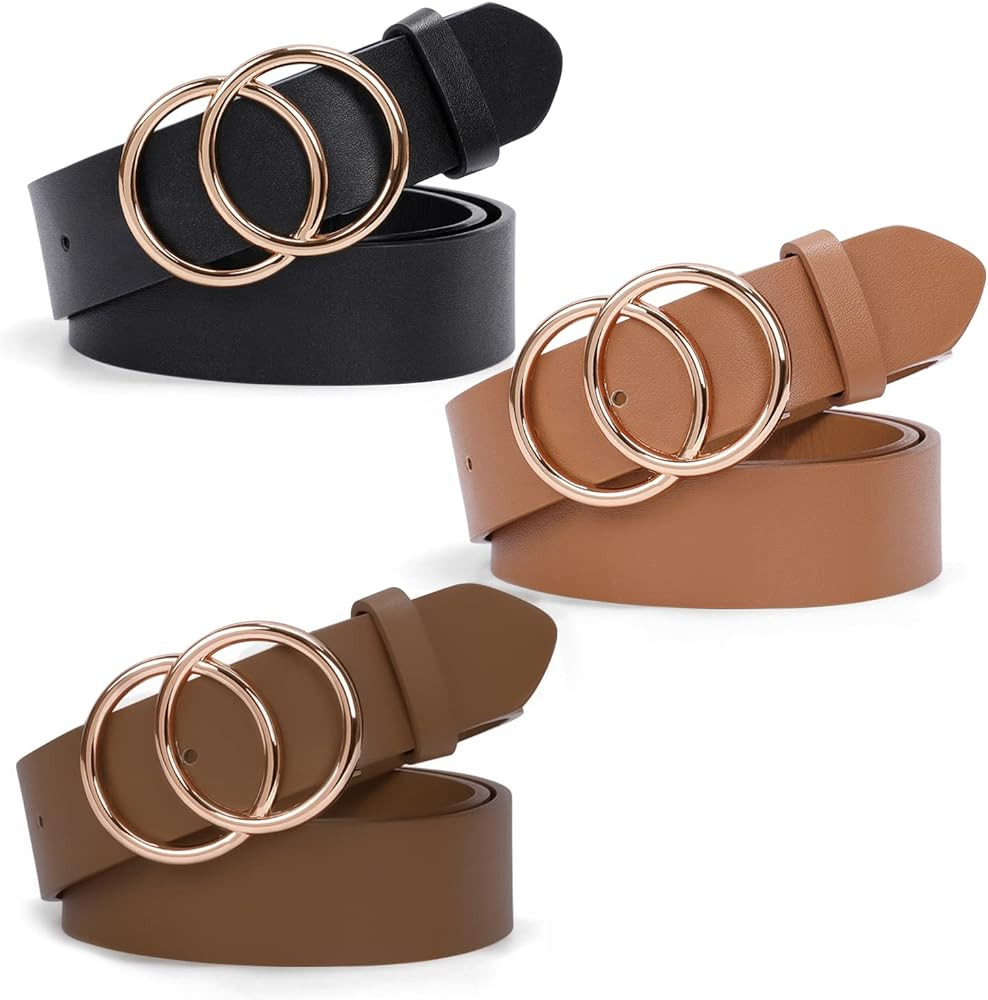 SUOSDEY Women Leather Belt Fashion Double O-Ring Soft Faux Leather Waist Belts For Jeans Dress | Amazon (US)
