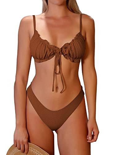 ZAFUL Women's Wrinkled Bikini Ruffles SolidTie Up Sexy Bikini Set Swimsuit Brown XL | Amazon (US)