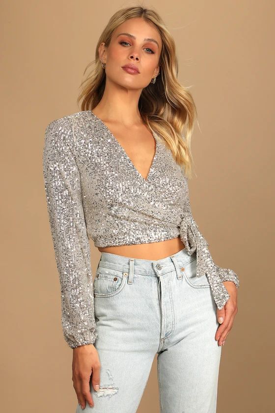 Super Glam Silver Sequin Long Sleeve Wrap Top | Lulus (US)
