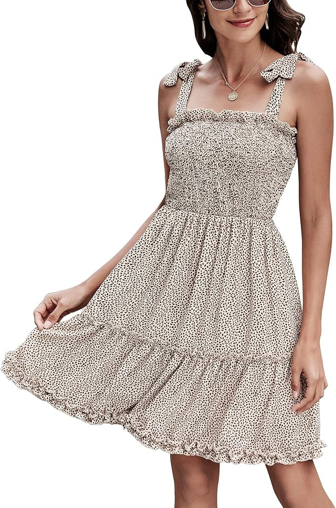 Romanstii Women's Mini Dress Strappy Backless Pleated Flare Ruffle Polka Dot Casual Beach Dresses | Amazon (US)