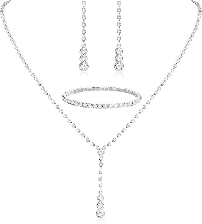 CASSIECA Silver Bridal Jewelry Set Rhinestone Necklace Bracelet Dangle Earrings for Bride Bridesm... | Amazon (US)