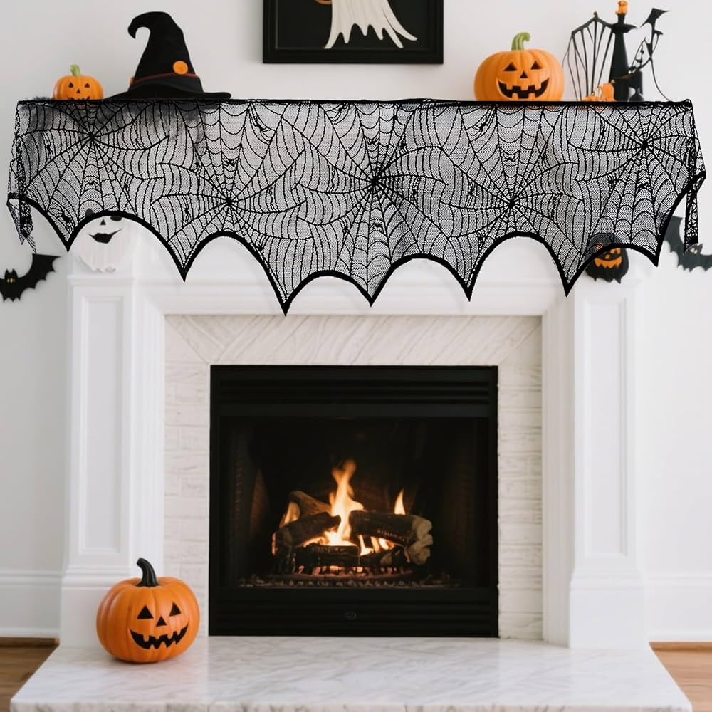 Halloween Mantle Scarf Fireplace Cover 18 x 96 inch Black Lace Cobweb Fireplace Mantle Scarf Cove... | Amazon (US)