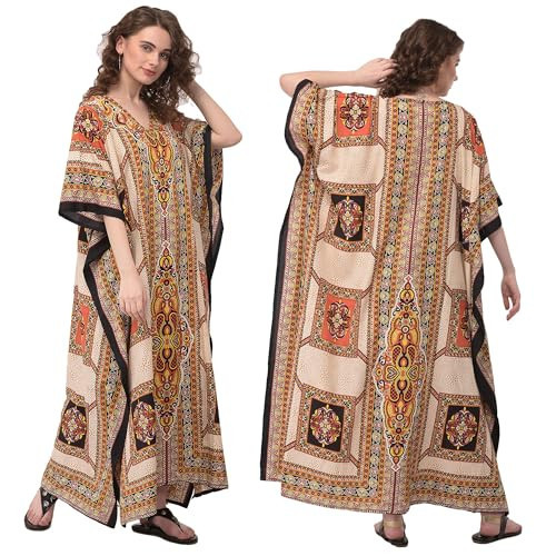 Oussum Ladies Kaftans Kimono Maxi Style Dresses Geometric Printed Caftan Beach Dress Women Plus Size Evening Gown Beige | Amazon (US)