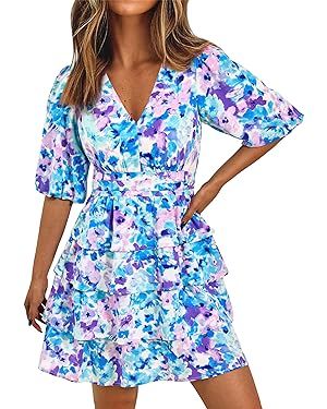 WICIWI Women's Summer Dresses 2024 Casual Puff Sleeve V Neck Floral Print Boho Ruffle Layered A-L... | Amazon (US)
