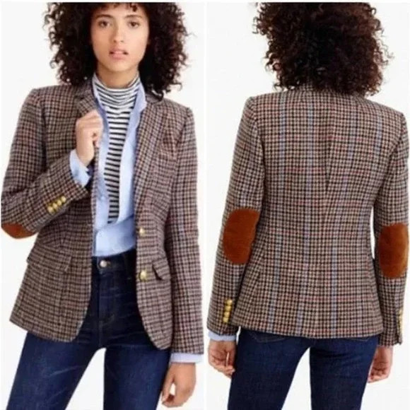 J.Crew Rhodes Blazer Jacket Wool Tweed Houndstooth Elbow Patches Brown Size 10 | Poshmark