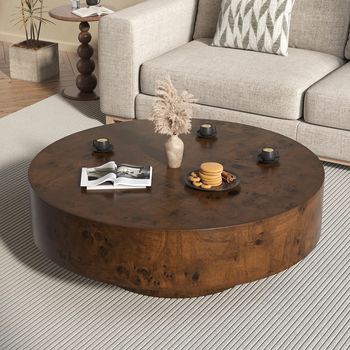 Handcrafted Burl Wood Round Coffee Table with Strudy Pedestal, Mid-Century Modern Solid Wood Coff... | Wayfair North America