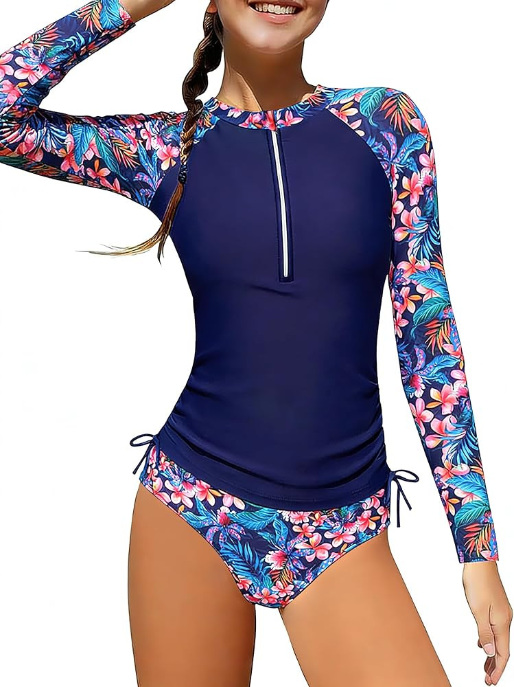 Girls Rash Guard Swimsuits 2 Piece Half-Zip Long Sleeve Color Block Bathing Suits with Ruched Sid... | Amazon (US)
