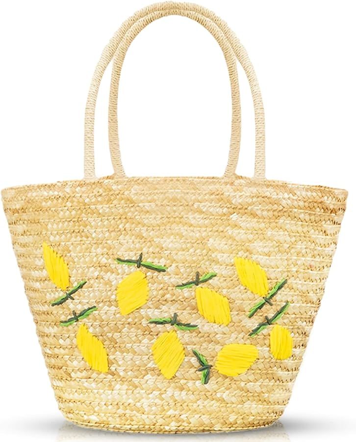 Summer Straw Bag, Beach Bag for Women, Handwoven Handbag Vintage Lemon Pattern Embroidery, Large ... | Amazon (US)