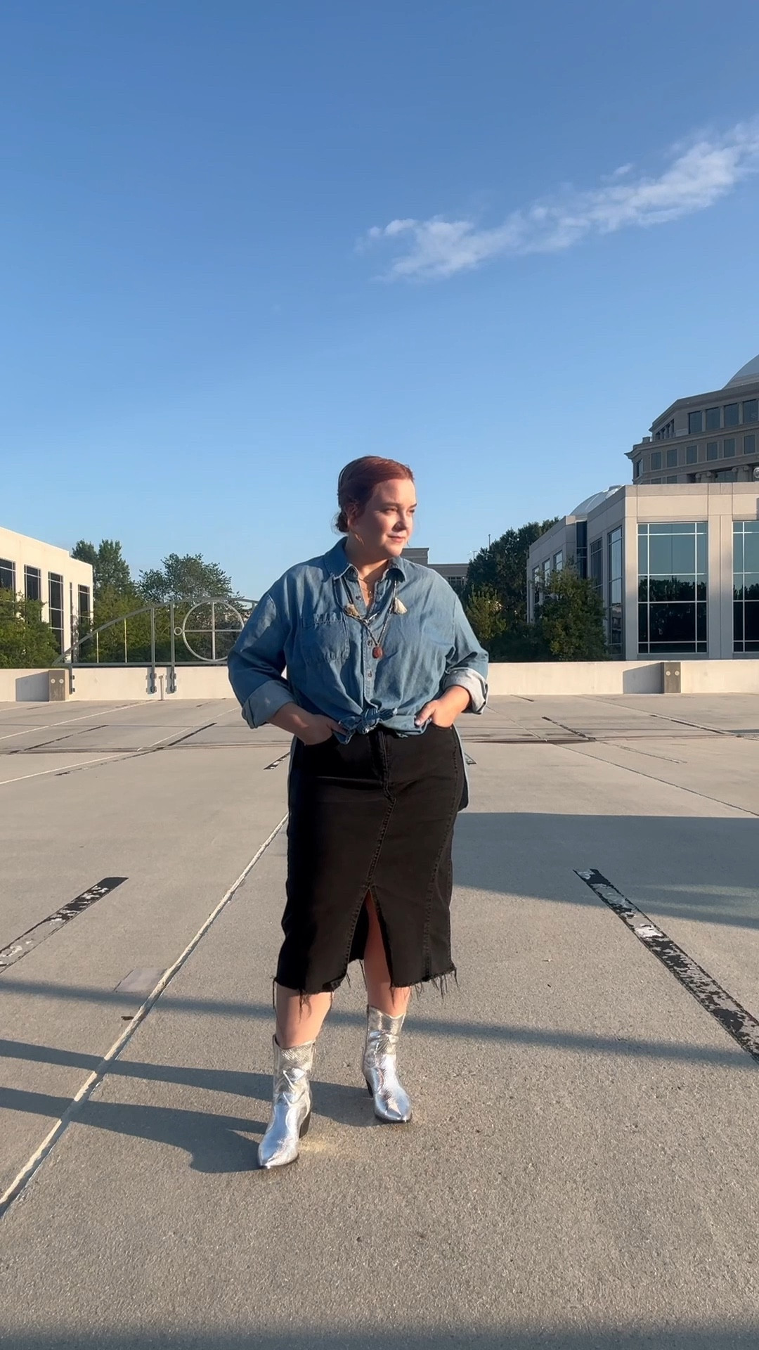 Western inspired outfit for my work wear. Wearing an old layered necklace with some pieces from gorjana and the best metallic boots in my closet. PS the denim skirt is soooo comfortable and the fit is a 10/10 (from a size inclusive brand, too!). 

#LTKMidsize #LTKPlusSize #LTKShoeCrush