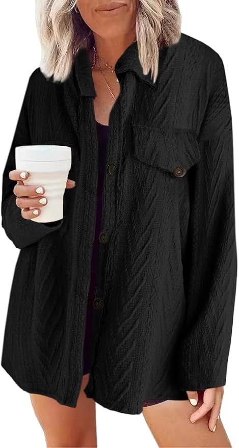 miduo Womens Long Sleeve Shirts Oversized Textured Knit Button Down Shacket Jacket Coats | Amazon (US)