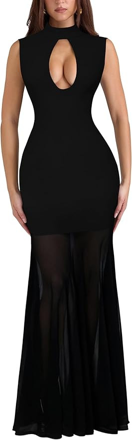 Women's Mesh Sheer Sleeveless Long Dress Mock Neck Bodycon Flowy Cocktail Party Maxi Dress | Amazon (US)