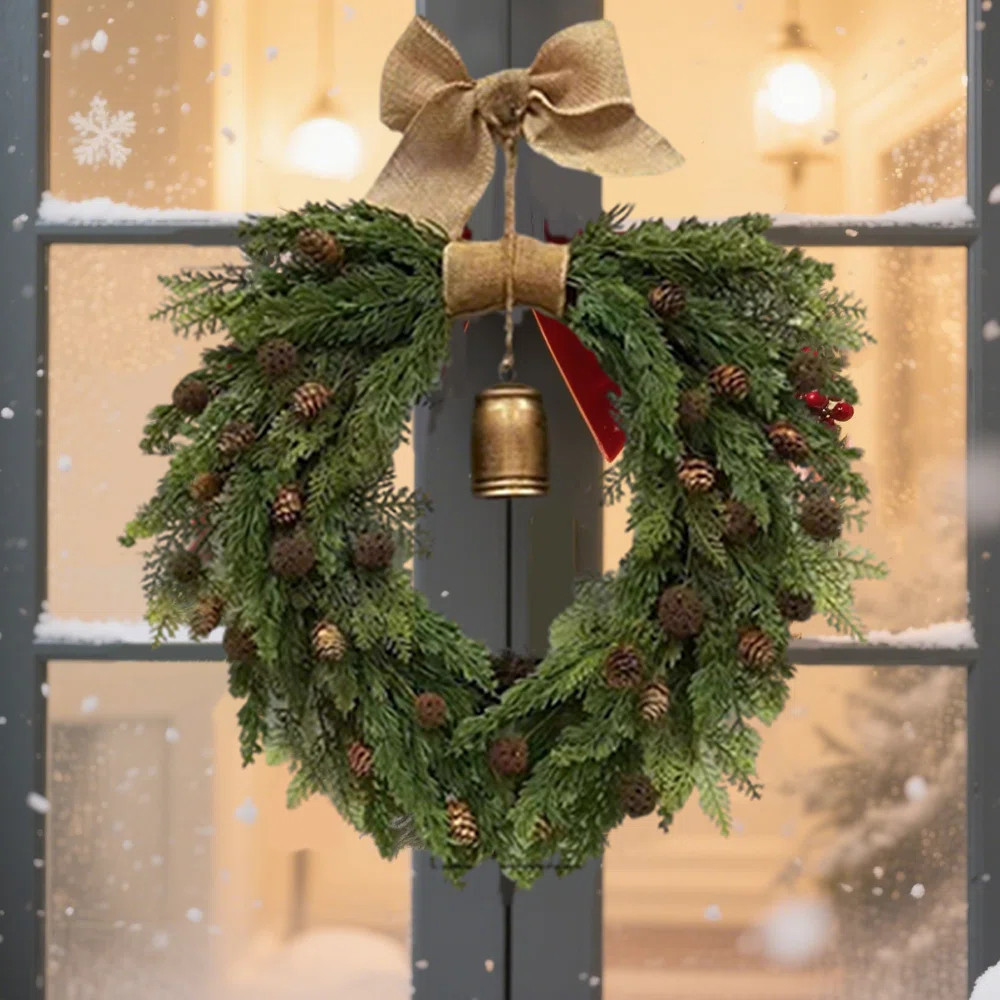 Rustic Faux Pinecone & Bell Christmas Wreath for Front Door - Vintage Holiday Greenery Decor | Wayfair North America