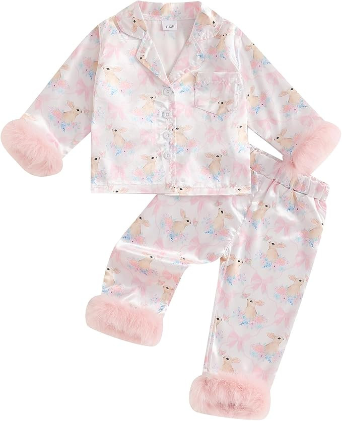 Toddler Baby Girl Boy Easter Satin Pajamas Set Cute Bunny Long Sleeve Button-up Shirt Top Long Pa... | Amazon (US)