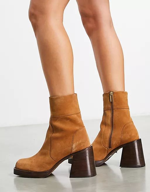 ASOS DESIGN Region suede mid-heel boots in tan | ASOS (Global)