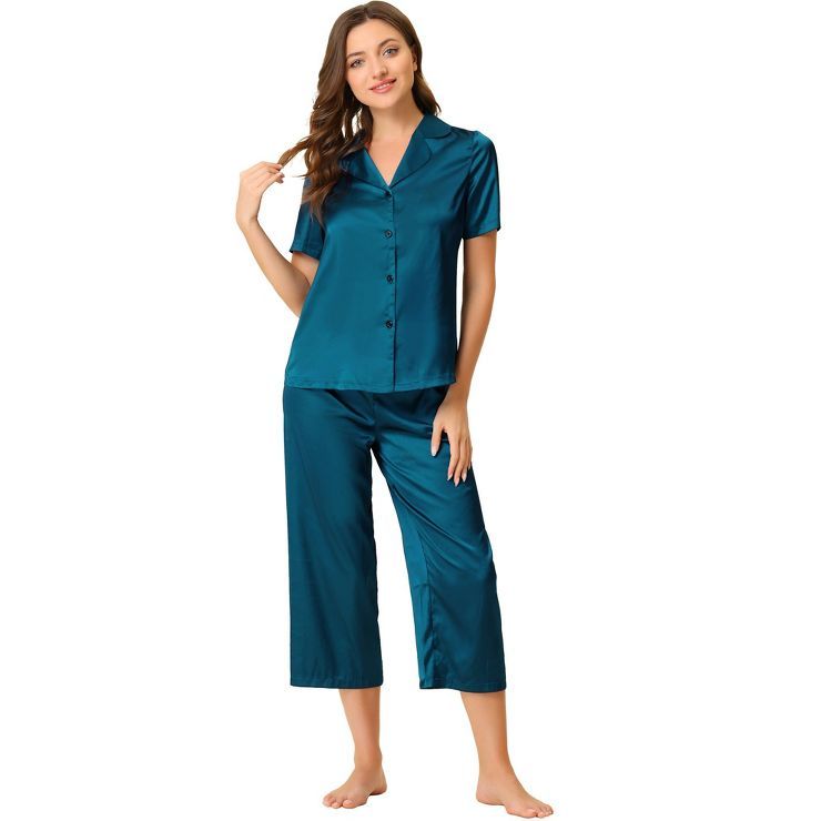 cheibear Womens Pajama Sleepwear Silk Button Down with Capri Pants Satin Lounge Pjs Set | Target