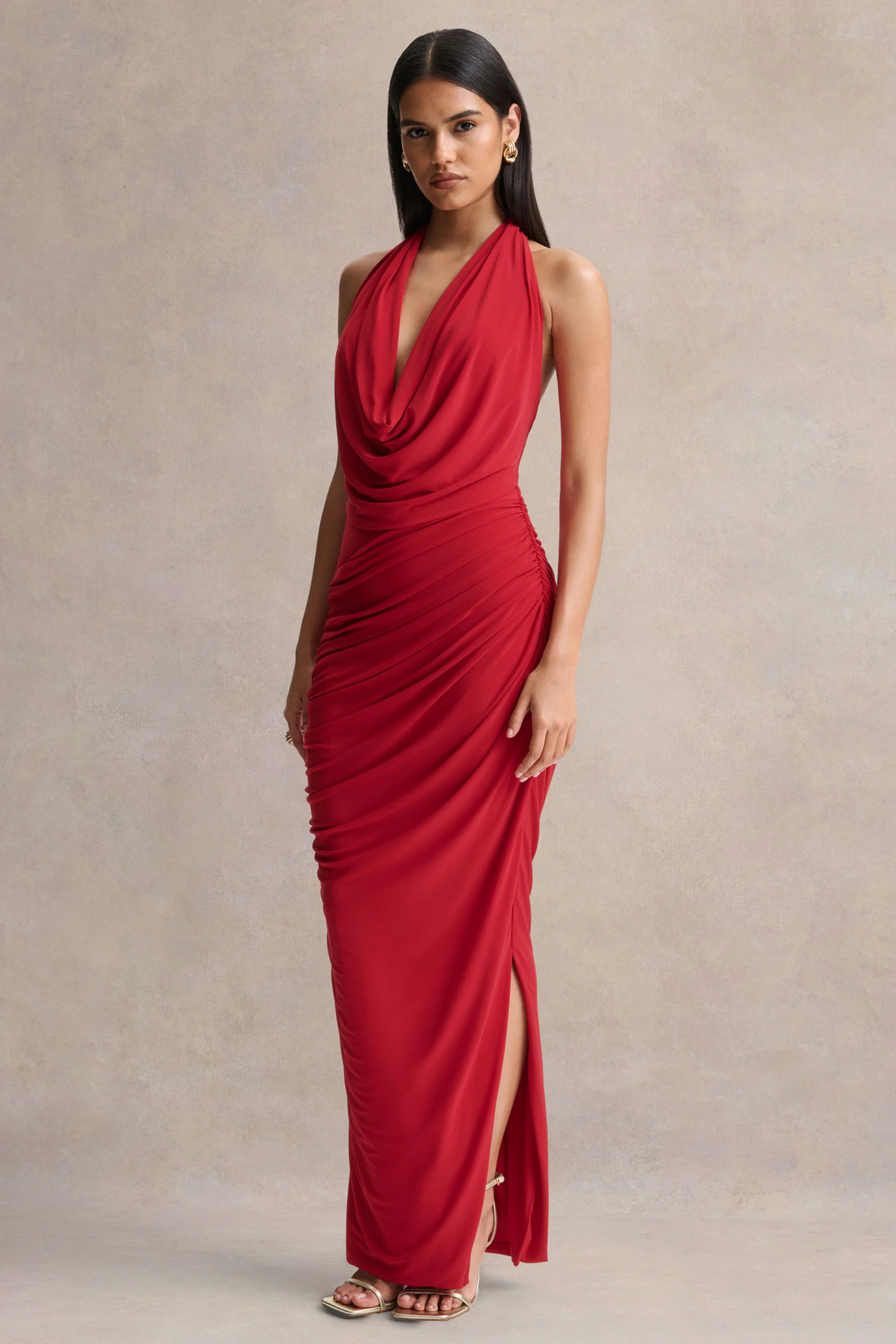 Cairo  Red Cowl-Neck Maxi Dress With Gathered Detailing | Club L London