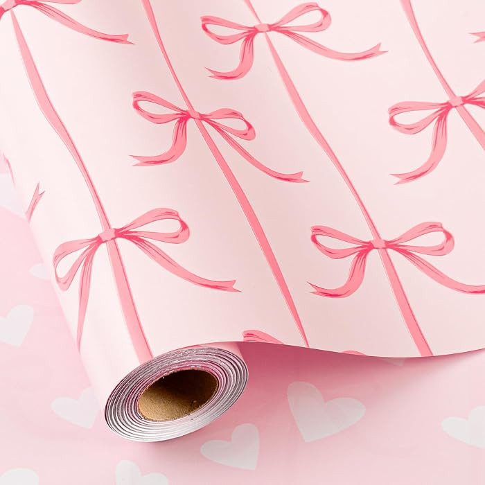 Burymento Pink Bow Wrapping Paper, Reversible Pink Love Design Gift Wrap for Baby Shower, Birthda... | Amazon (US)