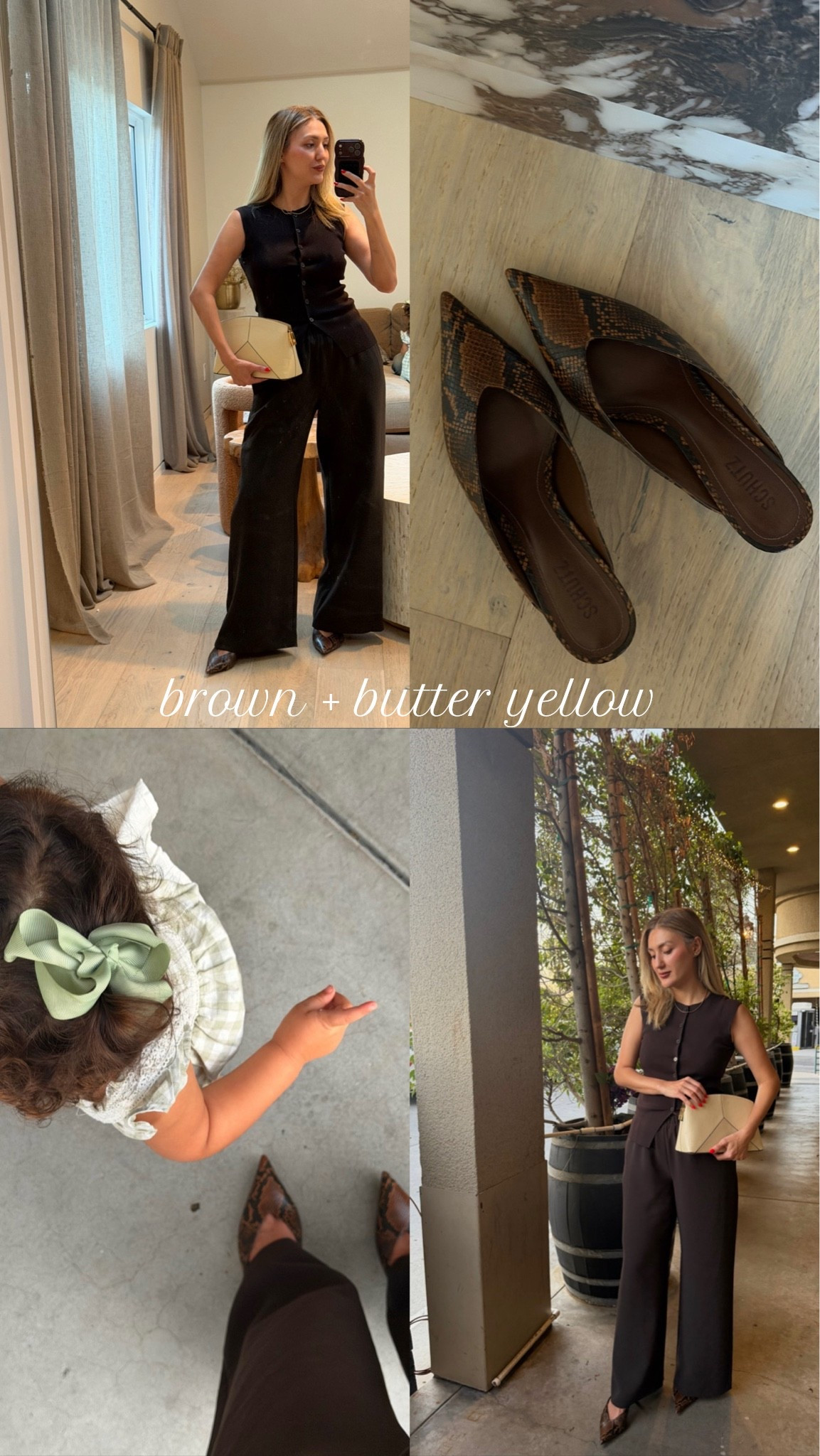 brown + butter yellow 
for dinner

Date night outfit 
Monochrome outfit 
Fall outfit 
@Aritzia M, short brown lodge pants 
Snakeprint kitten heels @Schutz TTS 
Butter yellow handbag Victoria Beckham

#LTKNYFW #LTKootd #LTKSeasonal