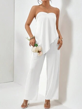 SHEIN Privé Solid Asymmetrical Hem Tube Top & Wide Leg Dress Pants Two Piece | SHEIN | SHEIN