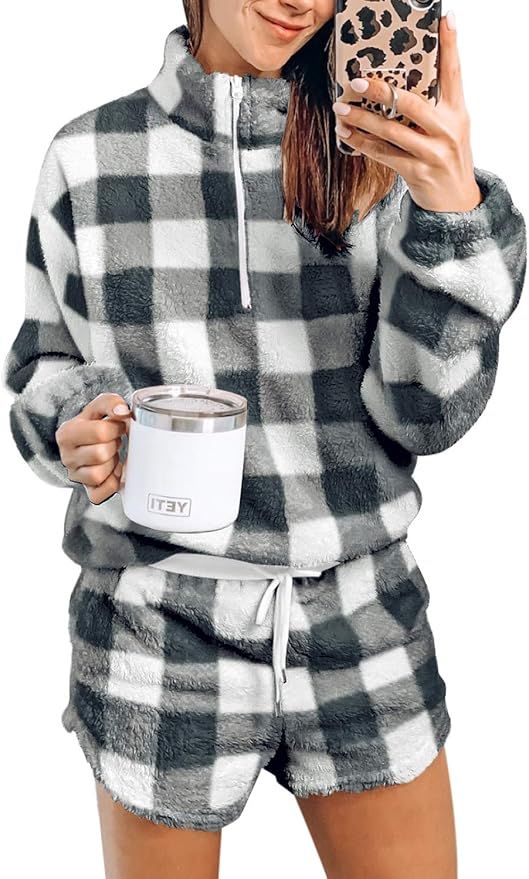 LookbookStore Women Long Sleeve Fleece 2 Pieces Pajama Sets Checkered Short Lounge Sets | Amazon (US)