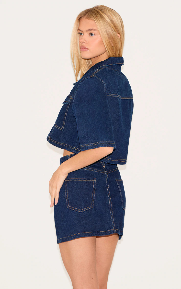 Indigo Contrast Stitch Cropped Denim Shirt | PrettyLittleThing US