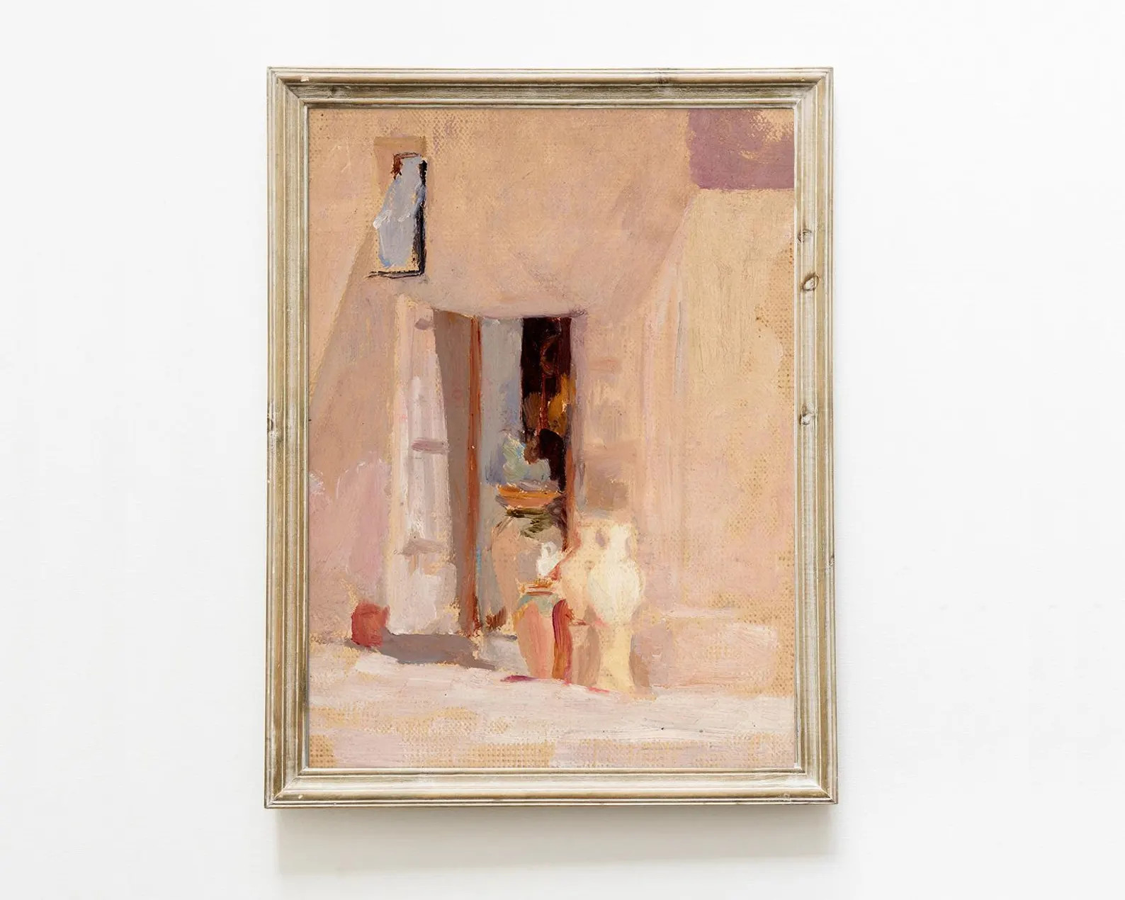 Pink Mediterranean Architecture Vases Vintage Painting Beach House Coastal Art Pastel Greece Spai... | Etsy (US)