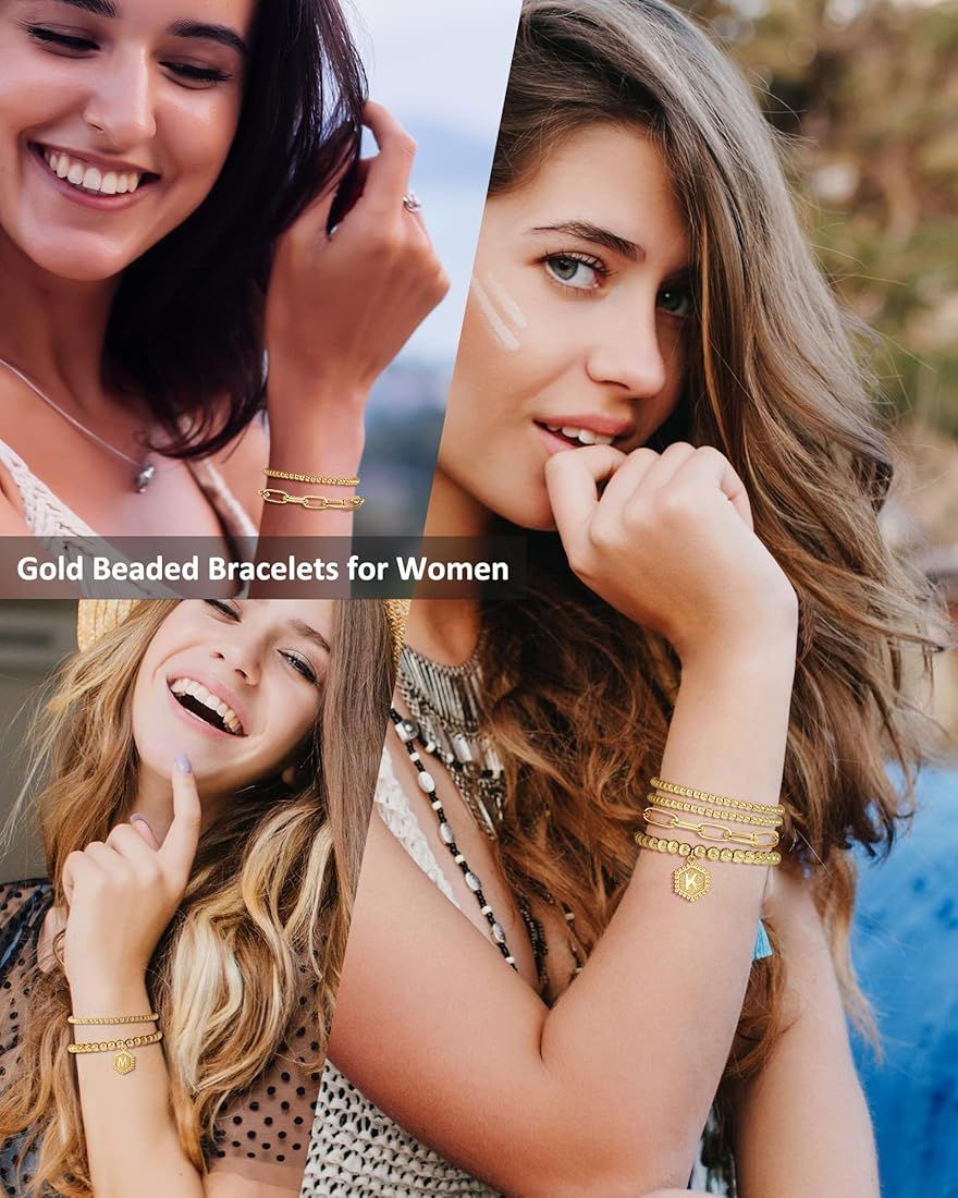 doubgood Gold Beaded Bracelets for Women, Stackable Gold Bracelets for Women Men 14K Real Gold Pl... | Amazon (US)